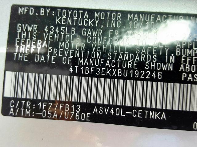 4T1BF3EKXBU192246 - 2011 TOYOTA CAMRY BASE  photo 10