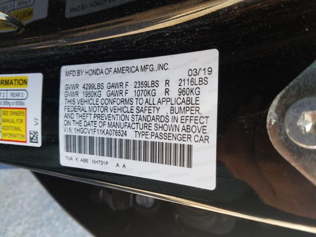 1HGCV1F11KA076524 - 2019 HONDA ACCORD LX  photo 10