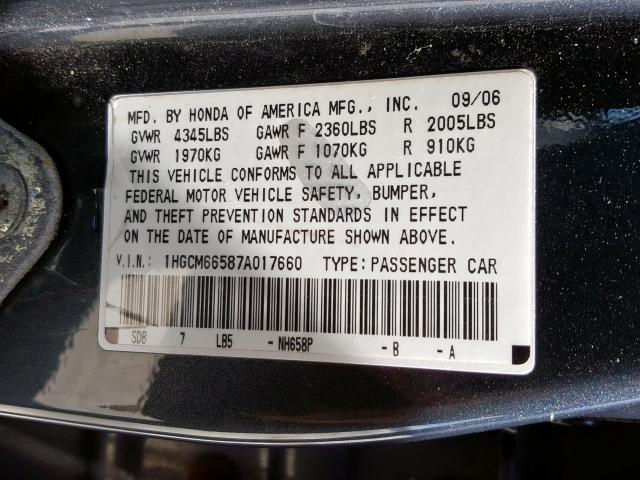 1HGCM66587A017660 - 2007 HONDA ACCORD EX  photo 10