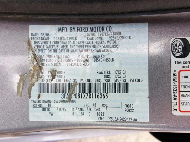 3FAHP081X7R116365 - 2007 FORD FUSION SEL  photo 10