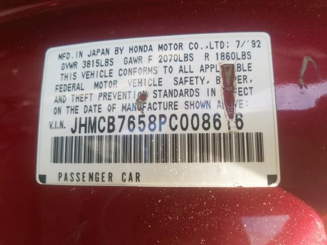 JHMCB7658PC008616 - 1993 HONDA ACCORD LX  photo 10