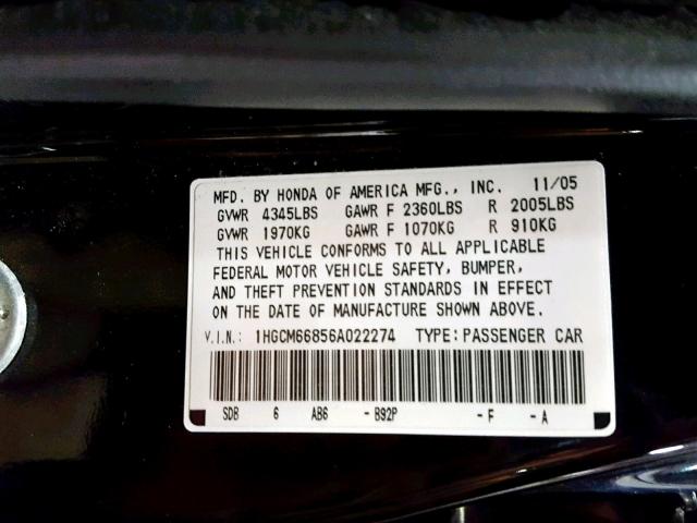 1HGCM66856A022274 - 2006 HONDA ACCORD EX  photo 10