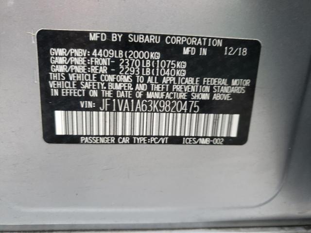 JF1VA1A63K9820475 - 2019 SUBARU WRX SILVER photo 12