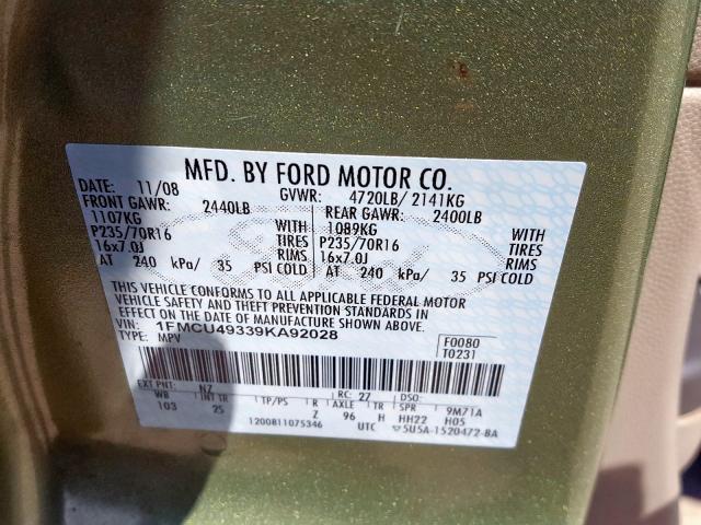 1FMCU49339KA92028 - 2009 FORD ESCAPE HYBRID  photo 10