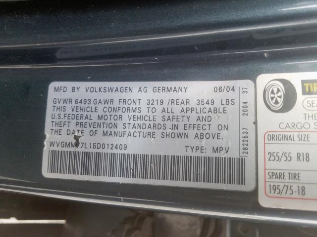 WVGMM77L15D012409 - 2005 VOLKSWAGEN TOUAREG 4.2  photo 10