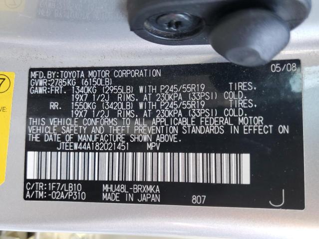 JTEEW44A182021451 - 2008 TOYOTA HIGHLANDER HYBRID LIMITED SILVER photo 13