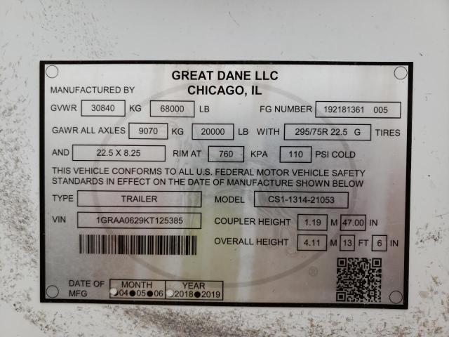 1GRAA0629KT125385 - 2019 GREAT DANE TRAILER DRY VAN WHITE photo 10