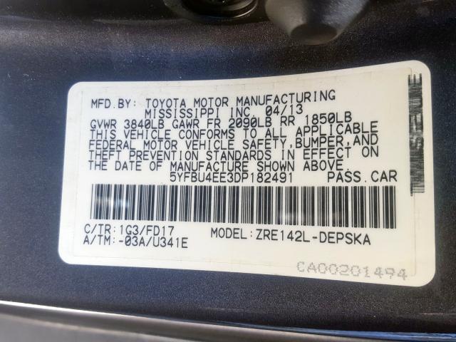 5YFBU4EE3DP182491 - 2013 TOYOTA COROLLA BASE  صورة 10