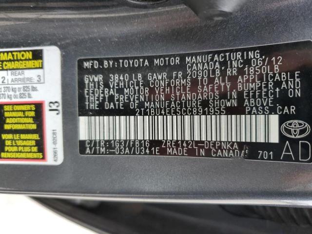 2T1BU4EE5CC891955 - 2012 TOYOTA COROLLA BASE GRAY photo 13