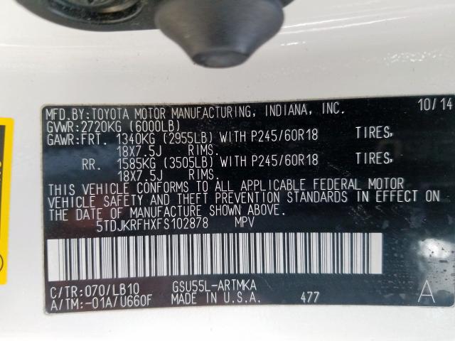 5TDJKRFHXFS102878 - 2015 TOYOTA HIGHLANDER XLE  ფოტო 10