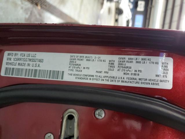 1C6RR7GG7MS527463 - 2021 RAM 1500 CLASS SLT მუქწითელი ფოტო 12