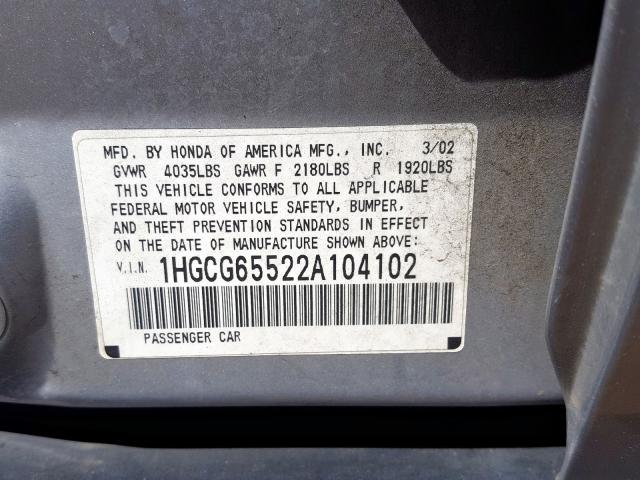 1HGCG65522A104102 - 2002 HONDA ACCORD LX  photo 10