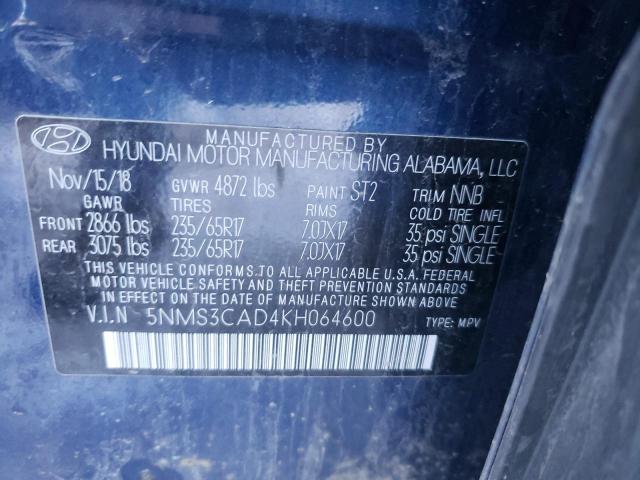 5NMS3CAD4KH064600 - 2019 HYUNDAI SANTA FE SEL Կապույտ լուսանկար 14