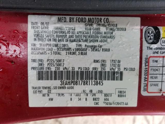 3FAHP08178R113845 - 2008 FORD FUSION SEL  photo 10