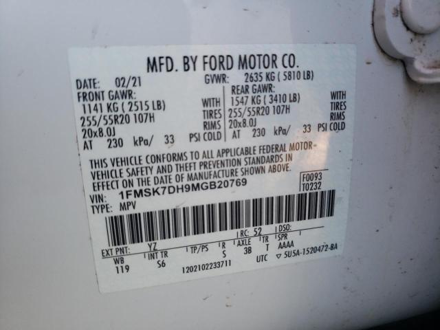 1FMSK7DH9MGB20769 - 2021 FORD EXPLORER XLT WHITE photo 14