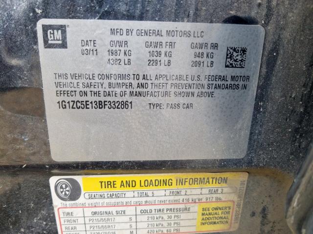 1G1ZC5E13BF332861 - 2011 CHEVROLET MALIBU 1LT  照片 10