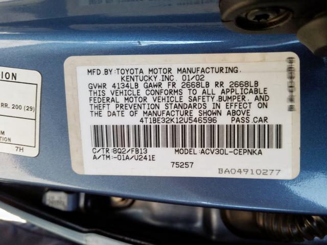 4T1BE32K12U546596 - 2002 TOYOTA CAMRY LE  photo 10