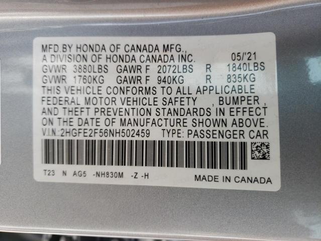 2HGFE2F56NH502459 - 2022 HONDA CIVIC SPORT 银色 照片 13