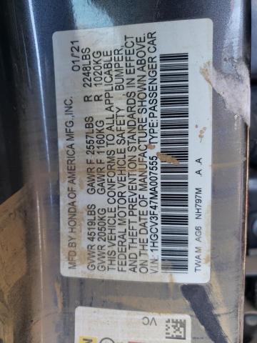 1HGCV3F47MA007555 - 2021 HONDA ACCORD HYBRID EX CHARCOAL photo 12