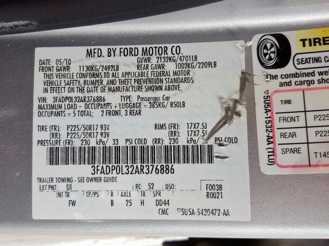 3FADP0L32AR376886 - 2010 FORD FUSION HYBRID  photo 10