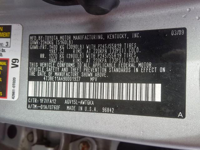 4T3BE11A49U001927 - 2009 TOYOTA VENZA  photo 10