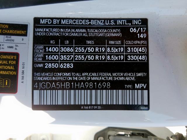 4JGDA5HB1HA981698 - 2017 MERCEDES-BENZ GLE 350 4MATIC  photo 10