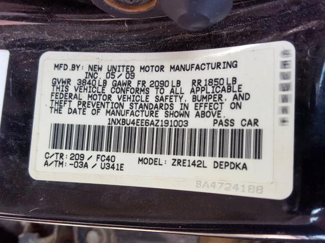 1NXBU4EE6AZ191003 - 2010 TOYOTA COROLLA BASE  照片 10