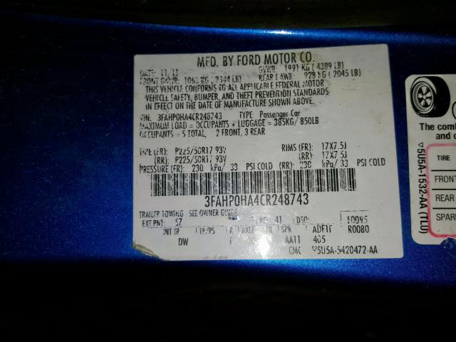 3FAHP0HA4CR248743 - 2012 FORD FUSION SE  photo 10