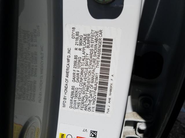 1HGCV1F48JA218411 - 2018 HONDA ACCORD EX  photo 10