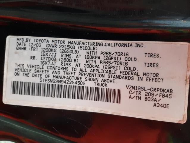 5TESN92N94Z354502 - 2004 TOYOTA TACOMA XTRACAB PRERUNNER შავი ფოტო 12