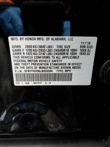 5FNYF6H56LB033594 - 2020 HONDA PILOT EXL BLACK photo 13