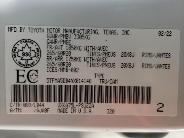 5TFMA5DB4NX014148 - 2022 TOYOTA TUNDRA CREWMAX PLATINUM Weiß Foto 13