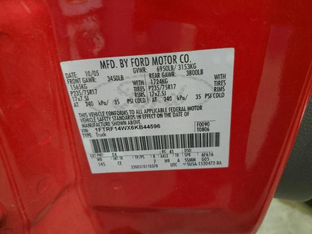 1FTRF14WX6KB44596 - 2006 FORD F150 RED photo 12