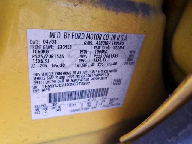 1FMYU021X3KD74889 - 2003 FORD ESCAPE XLS YELLOW photo 12