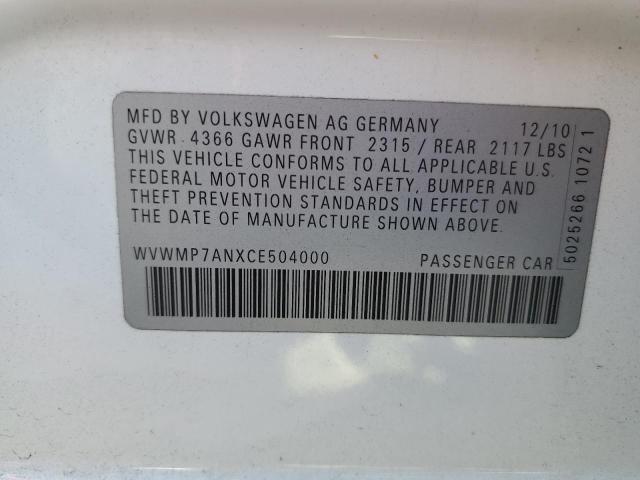 WVWMP7ANXCE504000 - 2012 VOLKSWAGEN CC SPORT WHITE photo 12