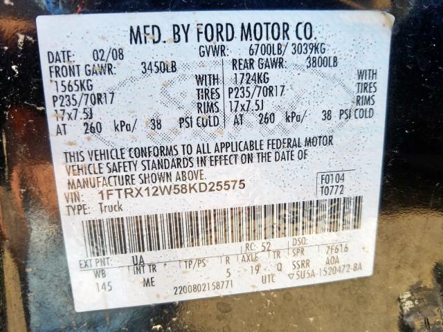 1FTRX12W58KD25575 - 2008 FORD F150  photo 10