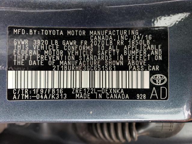 2T1BURHE3GC651561 - 2016 TOYOTA COROLLA L GRAY photo 12