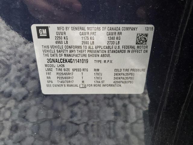 2GNALCEK4G1141019 - 2016 CHEVROLET EQUINOX LT BLUE photo 13