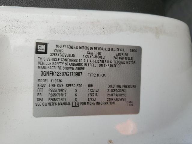 3GNFK12307G170907 - 2007 CHEVROLET AVALANCHE K1500 WHITE photo 12