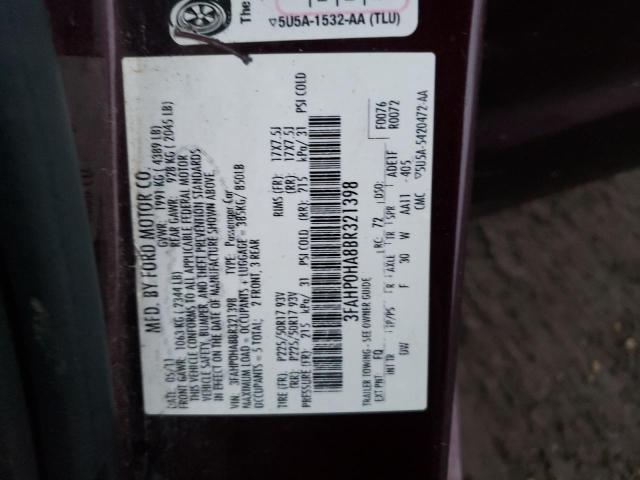 3FAHP0HA8BR321398 - 2011 FORD FUSION SE PURPLE photo 12