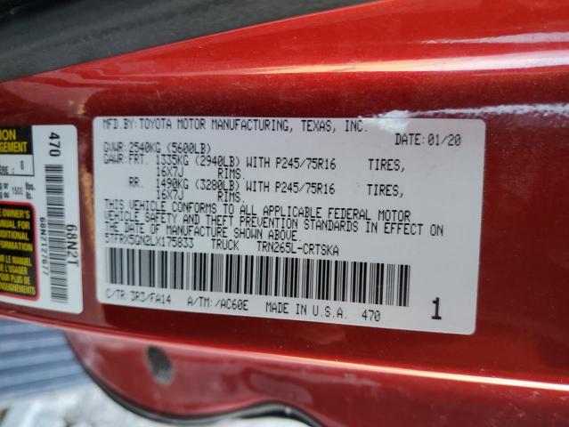 5TFRX5GN2LX175833 - 2020 TOYOTA TACOMA ACCESS CAB 红色 照片 12