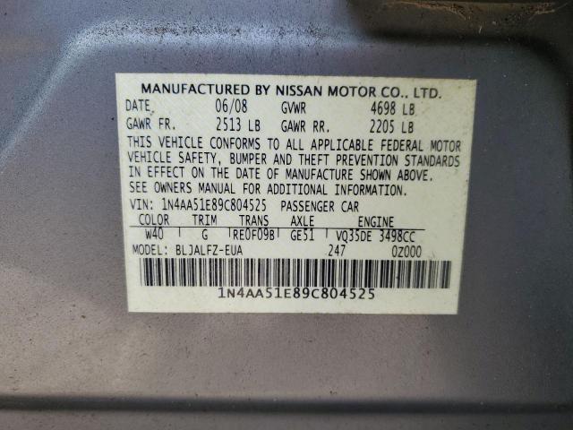 1N4AA51E89C804525 - 2009 NISSAN MAXIMA S SILVER photo 12