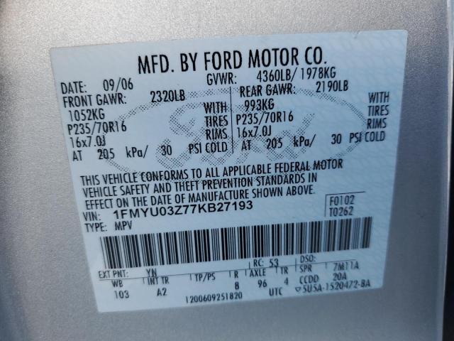 1FMYU03Z77KB27193 - 2007 FORD ESCAPE XLT SILVER photo 12