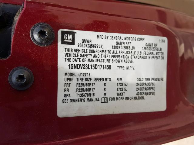 1GNDV23L15D171450 - 2005 CHEVROLET UPLANDER LS  照片 10