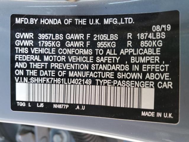 SHHFK7H61LU402149 - 2020 HONDA CIVIC EX GRAY photo 12