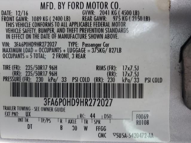 3FA6P0HD9HR272027 - 2017 FORD FUSION SE SILVER photo 12