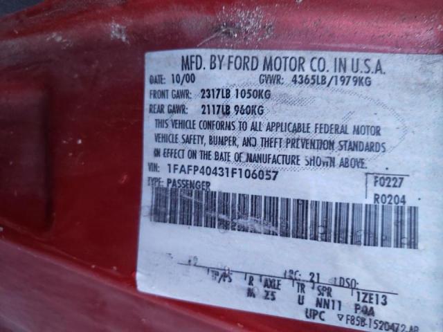 1FAFP40431F106057 - 2001 FORD MUSTANG RED photo 12