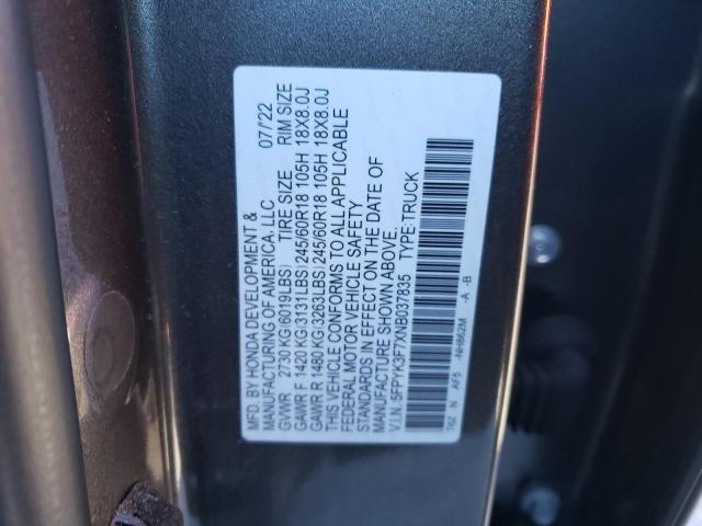 5FPYK3F7XNB037835 - 2022 HONDA RIDGELINE RTL GRAY photo 12