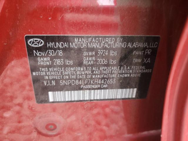 5NPD84LF7KH442653 - 2019 HYUNDAI ELANTRA SEL RED photo 12