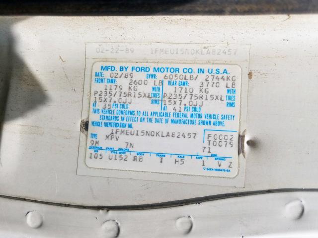 1FMEU15N0KLA82457 - 1989 FORD BRONCO U100  photo 10